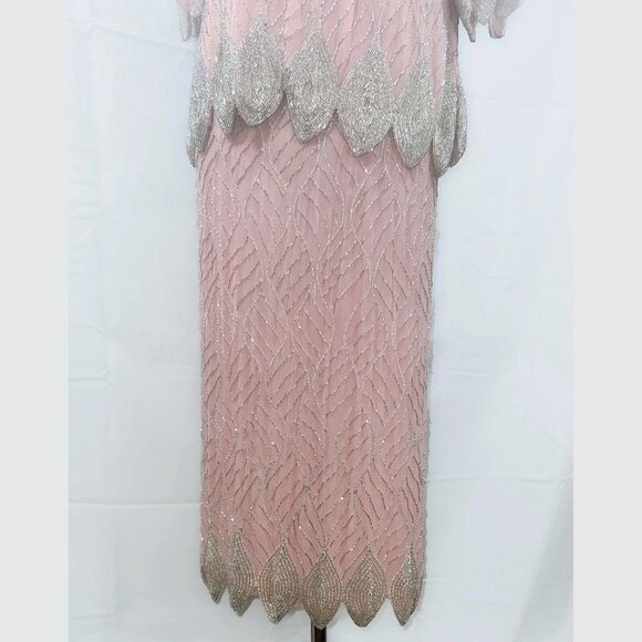 Fantasy by Lisa Kane, Silver-Beaded, Pink Pure Silk Chiffon Dress, Size 14-16 - Picture 7 of 14